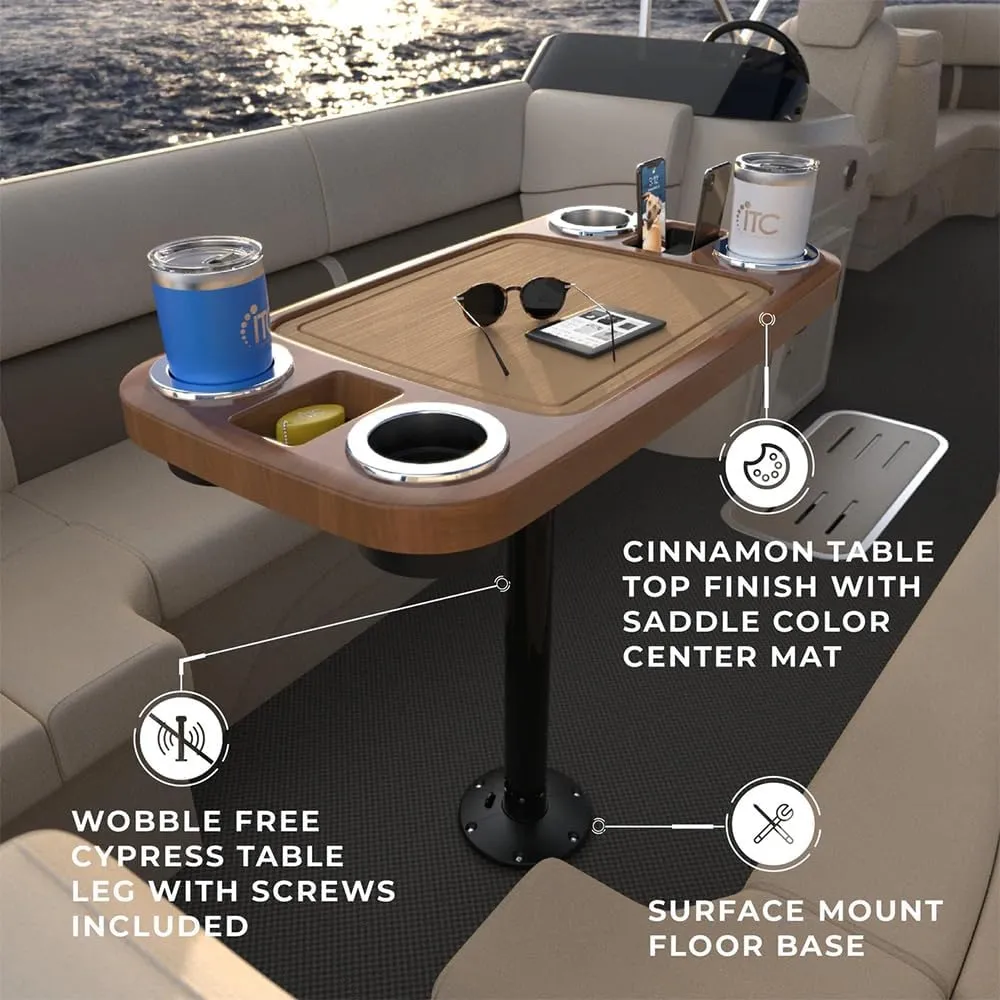 Manufacturers' Select ITC Boat Table Set - 18"x34" Removable Pontoon Boat Table with Center Non-Slip Mat, Pedestal Leg, 4 Drink Holders, & 2 Phone Stands (Cinnamon, Black Leg, Saddle Brown Mat)