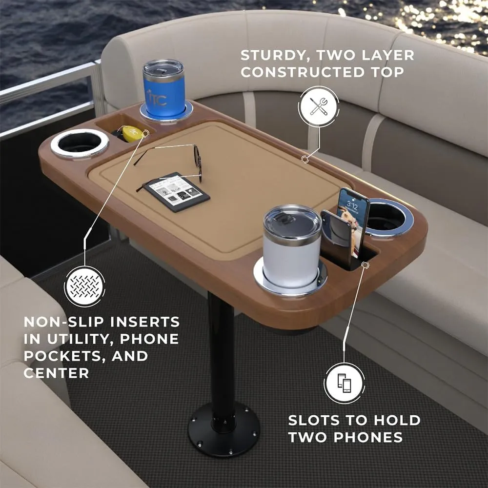 Manufacturers' Select ITC Boat Table Set - 18"x34" Removable Pontoon Boat Table with Center Non-Slip Mat, Pedestal Leg, 4 Drink Holders, & 2 Phone Stands (Cinnamon, Black Leg, Saddle Brown Mat)