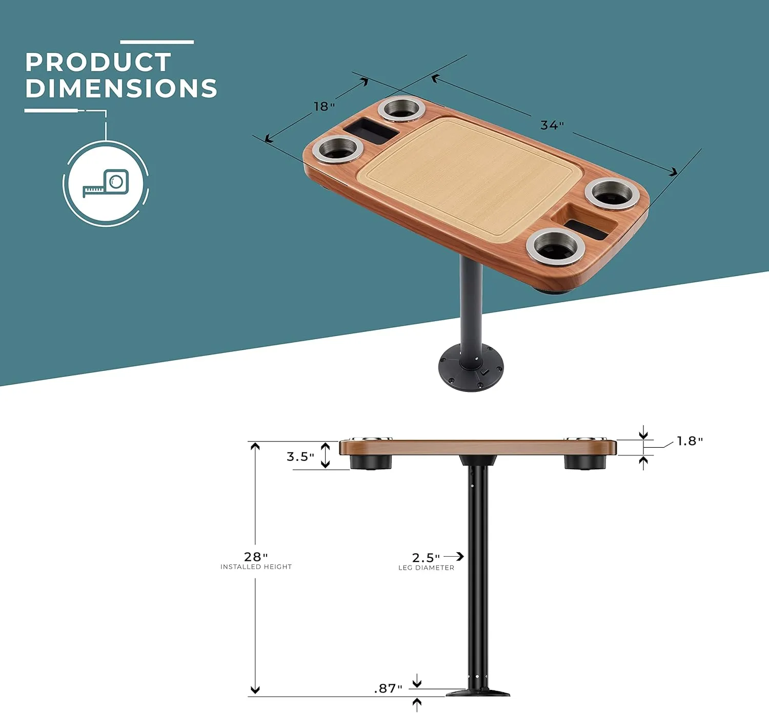 Manufacturers' Select ITC Boat Table Set - 18"x34" Removable Pontoon Boat Table with Center Non-Slip Mat, Pedestal Leg, 4 Drink Holders, & 2 Phone Stands (Cinnamon, Black Leg, Saddle Brown Mat)