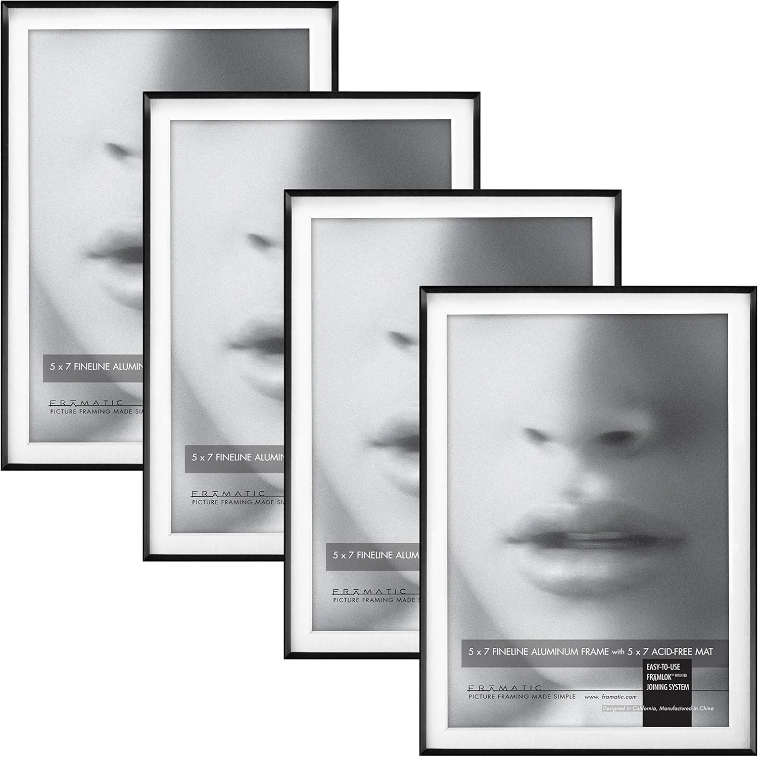 MCS Framatic Fineline Aluminum Frame, Black, 5 x 7 in matted to 5 x 7 in, 4 pk