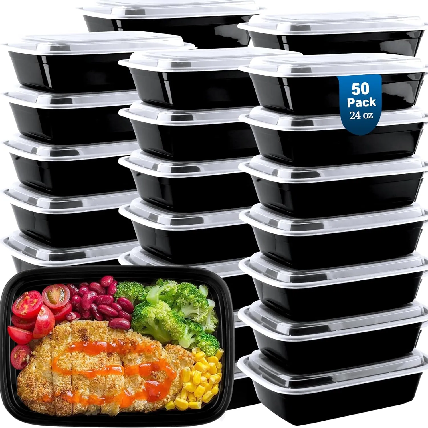 Meal Prep Containers Reusable 50 Pack - 24 oz plastic food containers with lids, To Go Food Containers BPA-Free, To Go Containers With Lids Microwave, Dishwasher, Freezer Safe