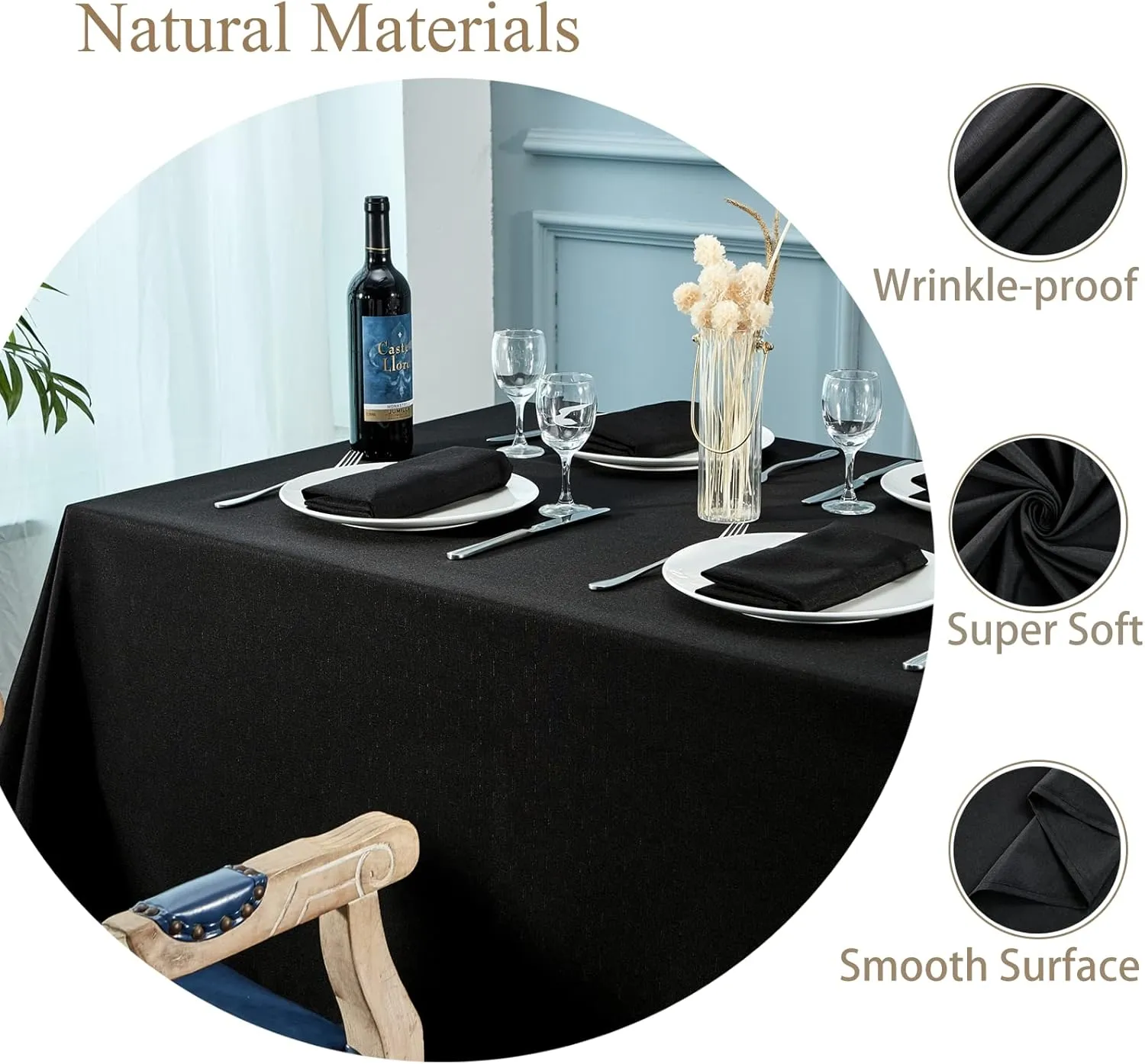 Mebakuk Rectangle Table Cloth Linen Farmhouse Tablecloth Waterproof Anti-Shrink Soft and Wrinkle Resistant Decorative Fabric Table Cover for Kitchen (Black, 60" x 104" (8-10 Seats))