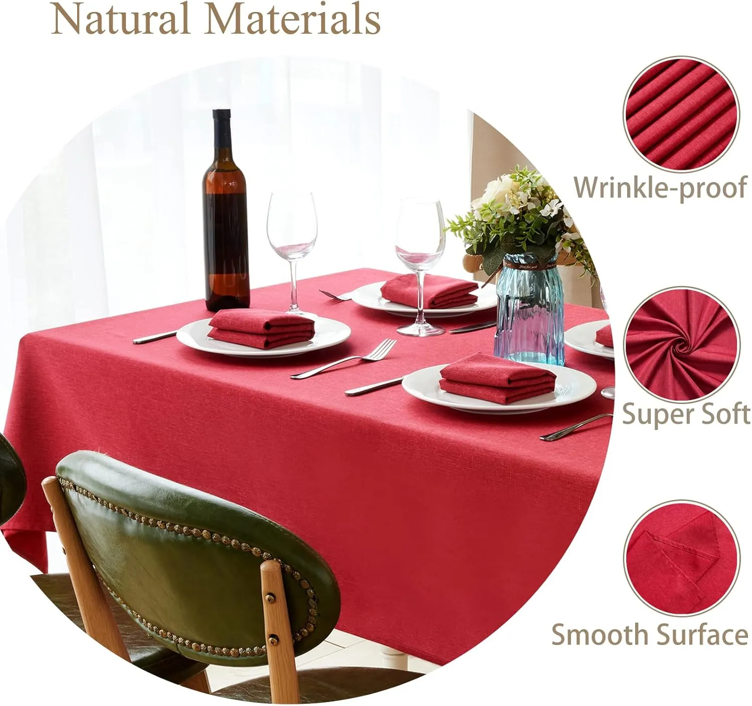 Mebakuk Rectangle Table Cloth Linen Farmhouse Tablecloth Waterproof Anti-Shrink Soft and Wrinkle Resistant Decorative Fabric Table Cover for Kitchen (Dark Red, 60" x 84" (6-8 Seats))