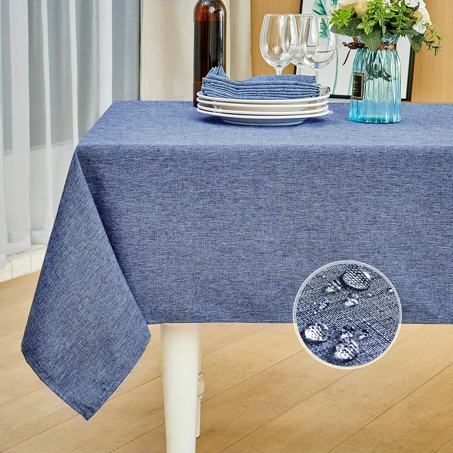 Mebakuk Rectangle Table Cloth Linen Farmhouse Tablecloth Waterproof Anti-Shrink Soft and Wrinkle Resistant Decorative Fabric Table Cover for Kitchen (Denim Blue, 60" x 104" (8-10 Seats))