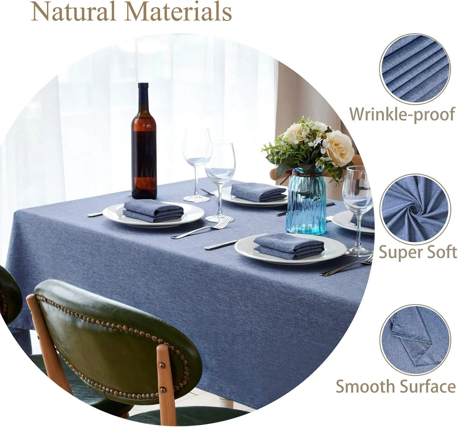 Mebakuk Rectangle Table Cloth Linen Farmhouse Tablecloth Waterproof Anti-Shrink Soft and Wrinkle Resistant Decorative Fabric Table Cover for Kitchen (Denim Blue, 60" x 104" (8-10 Seats))