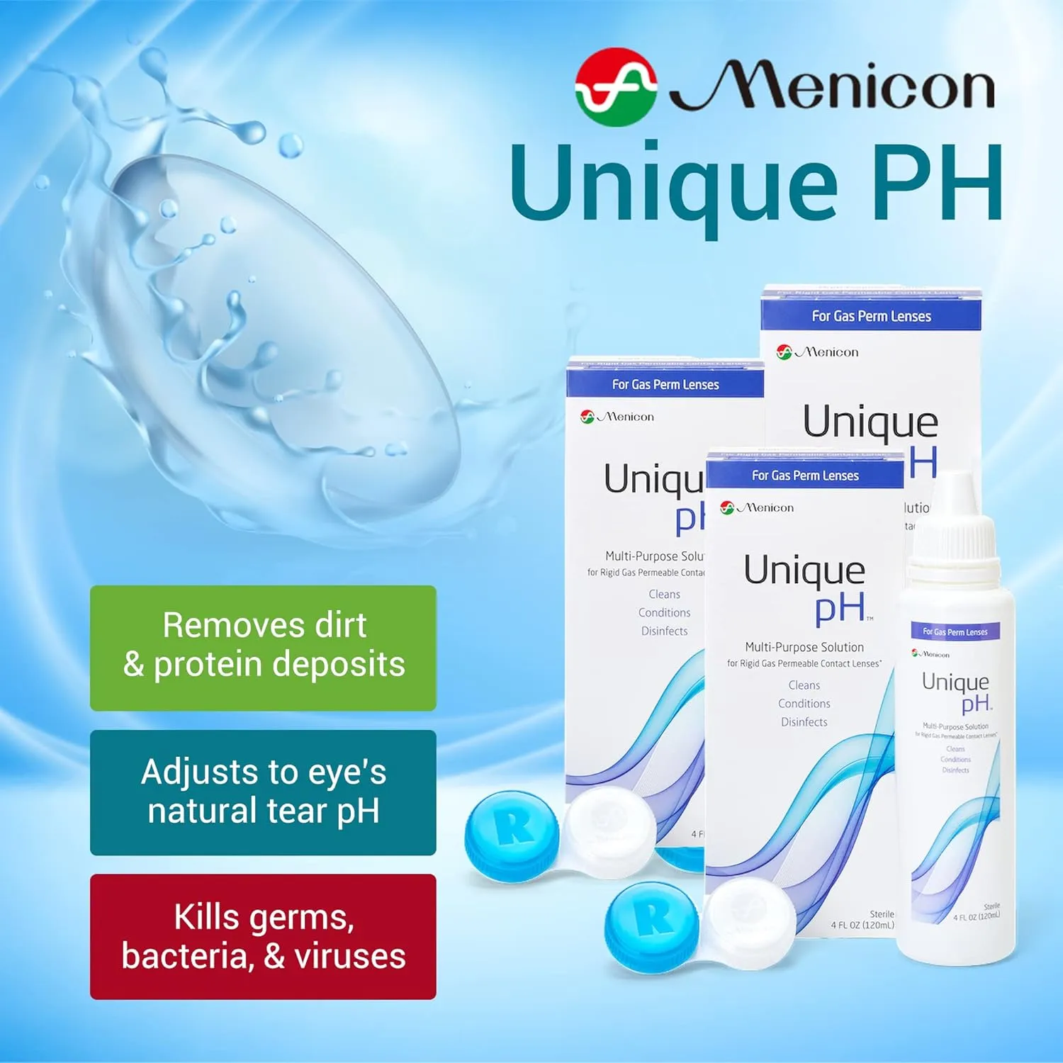 Menicon Unique pH Multi-Purpose Solution with RGP Lens Case.4 Fluid Ounce each - 3 Pack