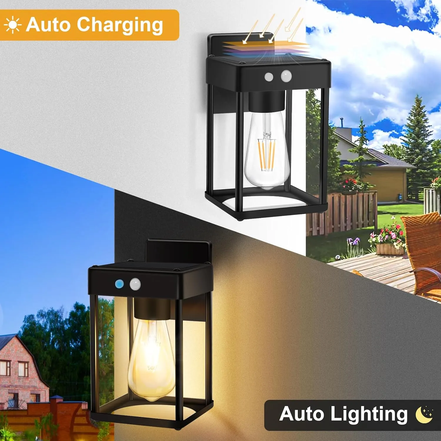 Metal Solar Wall Lights Outdoor with Motion Sensor, Dusk to Dawn Outdoor Lighting with Clear Glass, Waterproof Solar Wall Lantern for Shed, Porch, Fence, Step, Garage, Yard, Barn(1 Pack)