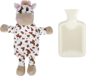 Mini Hot Water Bottle Warmer with Cute Cow Stuffed Animal Cover, Waist Neck Shoulder Hot and Cold Water Bag Winter Relaxing Portable Reusable Pain Relief Bottle