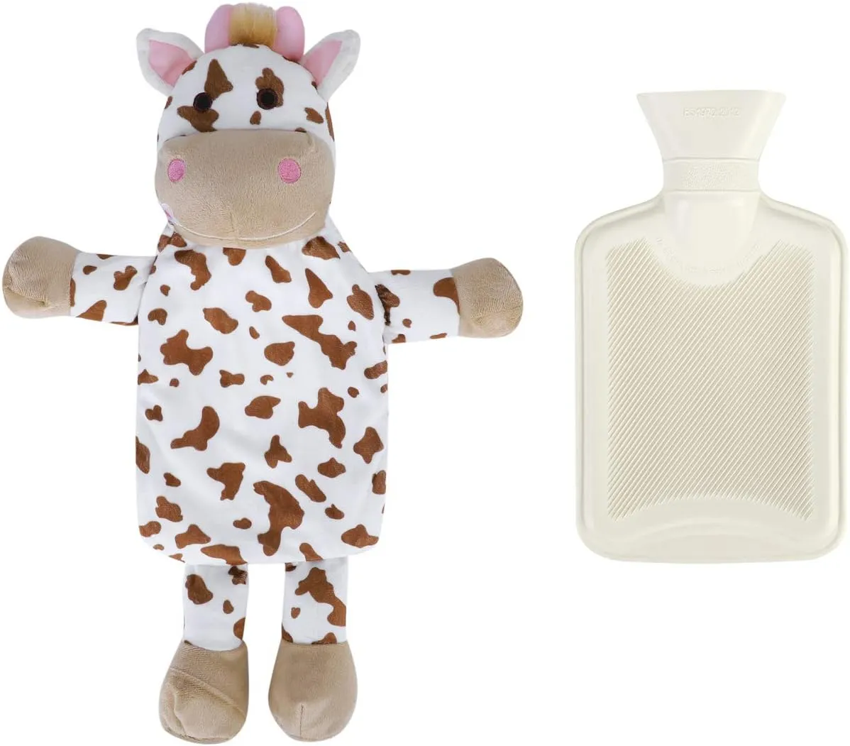 Mini Hot Water Bottle Warmer with Cute Cow Stuffed Animal Cover, Waist Neck Shoulder Hot and Cold Water Bag Winter Relaxing Portable Reusable Pain Relief Bottle