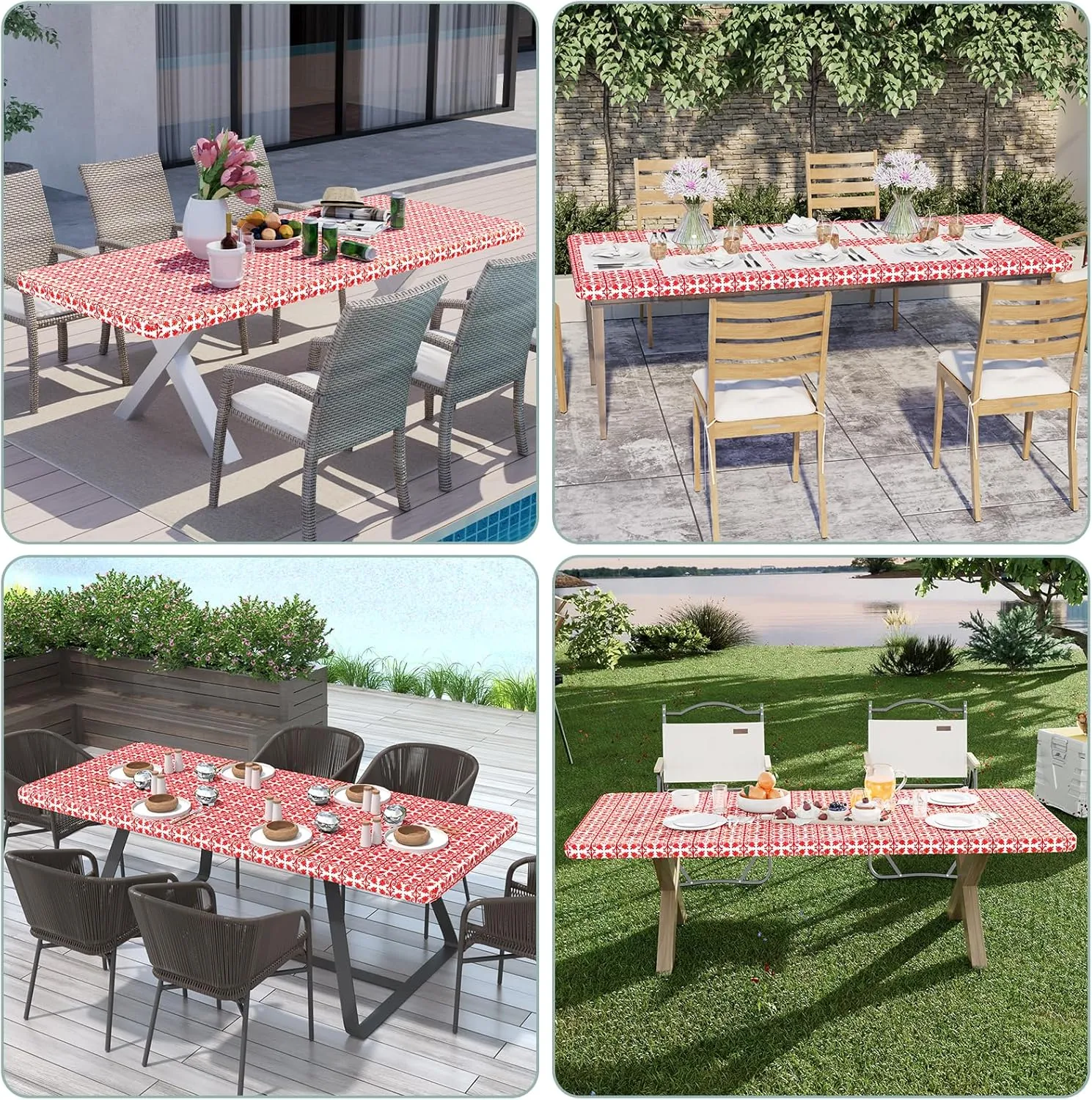 misaya 2 Pack 6 Foot Rectangle Picnic Tablecloth, Elastic Fitted Waterproof Table Cover, Windproof Washable Polyester Table Cloth for Camping, Indoor and Outdoor (Red, 30" x 72")