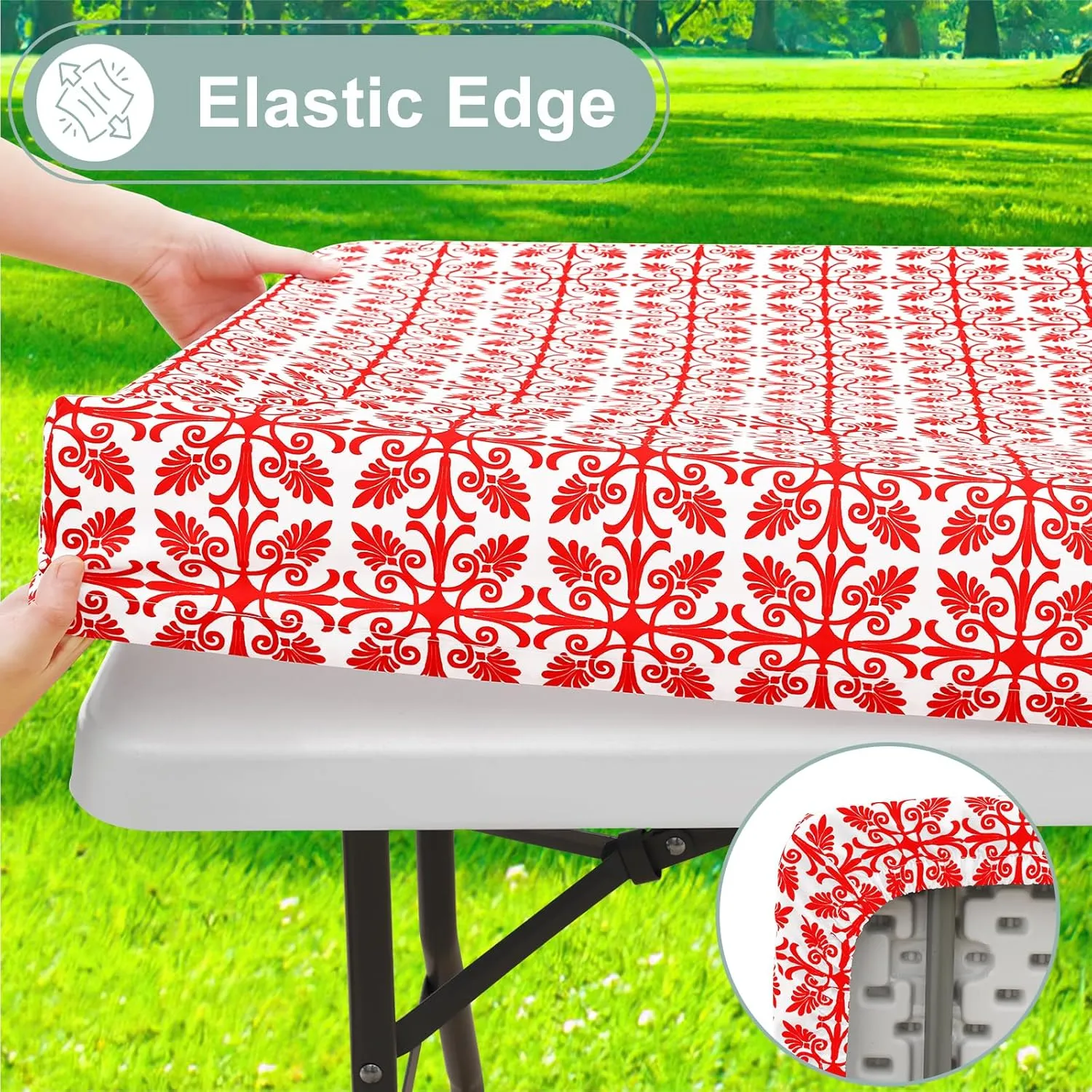 misaya 2 Pack 6 Foot Rectangle Picnic Tablecloth, Elastic Fitted Waterproof Table Cover, Windproof Washable Polyester Table Cloth for Camping, Indoor and Outdoor (Red, 30" x 72")