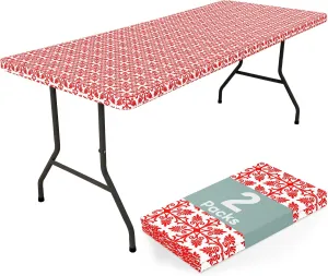 misaya 2 Pack 6 Foot Rectangle Picnic Tablecloth, Elastic Fitted Waterproof Table Cover, Windproof Washable Polyester Table Cloth for Camping, Indoor and Outdoor (Red, 30" x 72")