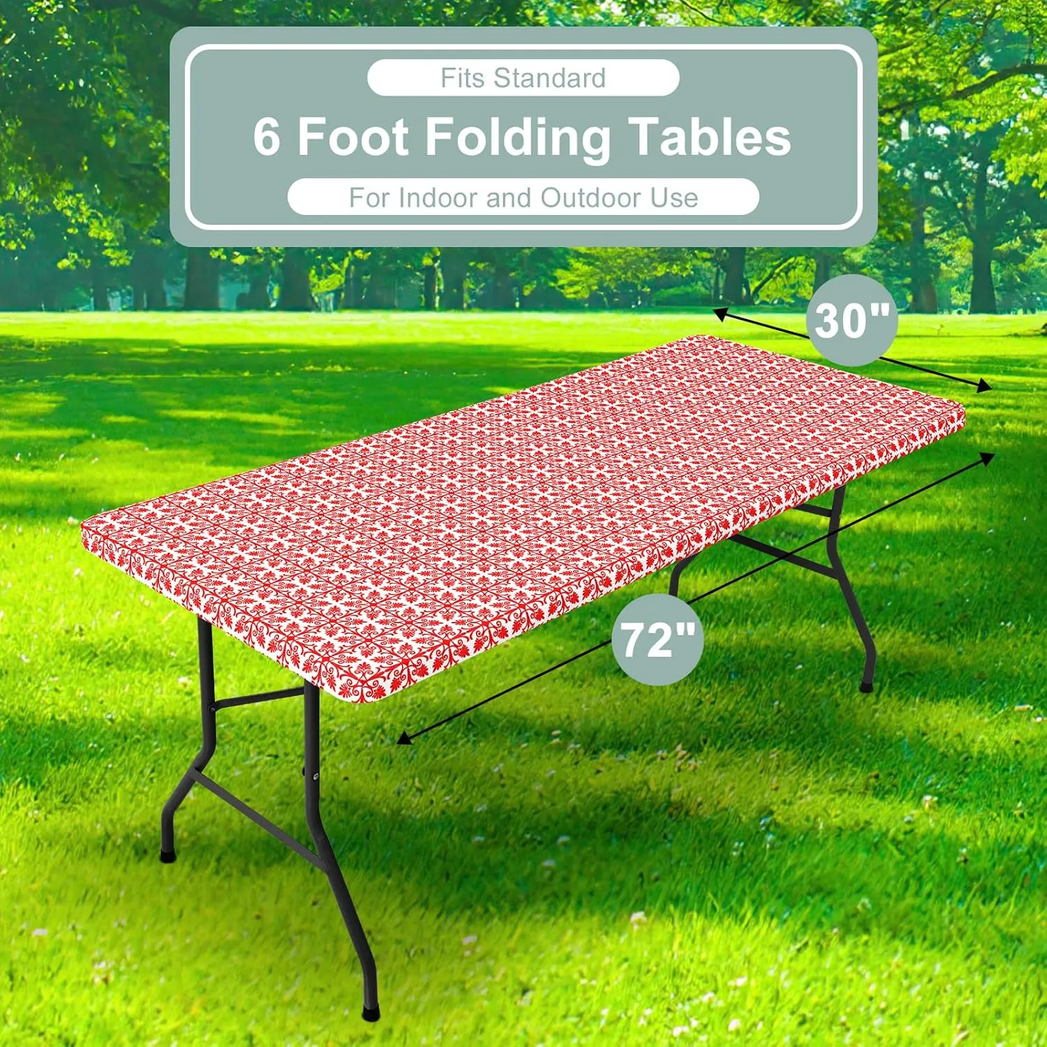 misaya 2 Pack 6 Foot Rectangle Picnic Tablecloth, Elastic Fitted Waterproof Table Cover, Windproof Washable Polyester Table Cloth for Camping, Indoor and Outdoor (Red, 30" x 72")