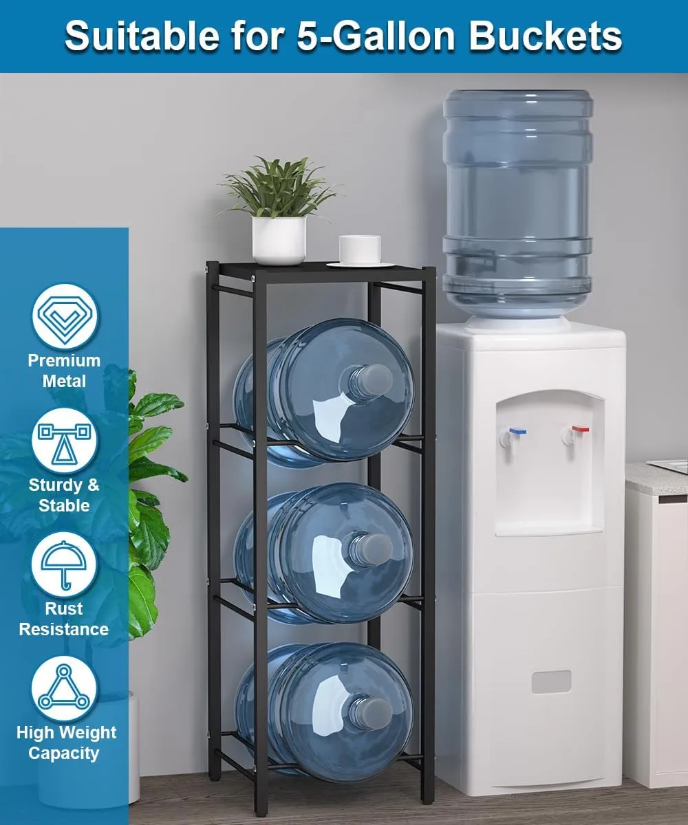 mocomax 5 Gallon Water Jug Rack, 4 Tier Detachable Water Bottle Holder with Storage Shelf, Heavy Duty Water Jug Dispenser Stand Organizer for Kitchen, Office, Home, Black