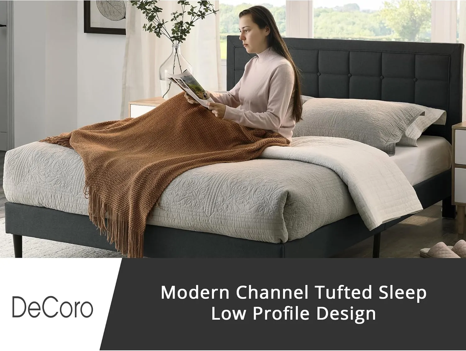 Mornington Upholstered 2.0 Platform Full Size Bed Frame and Headboard, Queen, Dark Grey