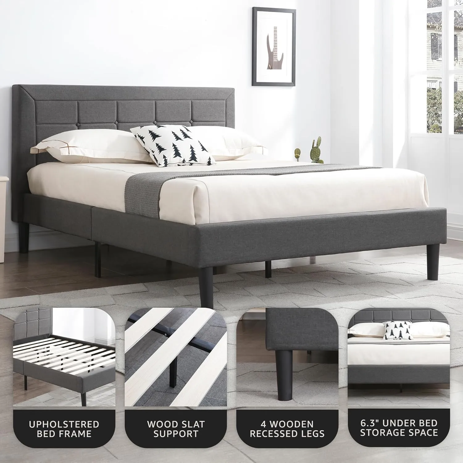Mornington Upholstered 2.0 Platform Full Size Bed Frame and Headboard, Queen, Dark Grey