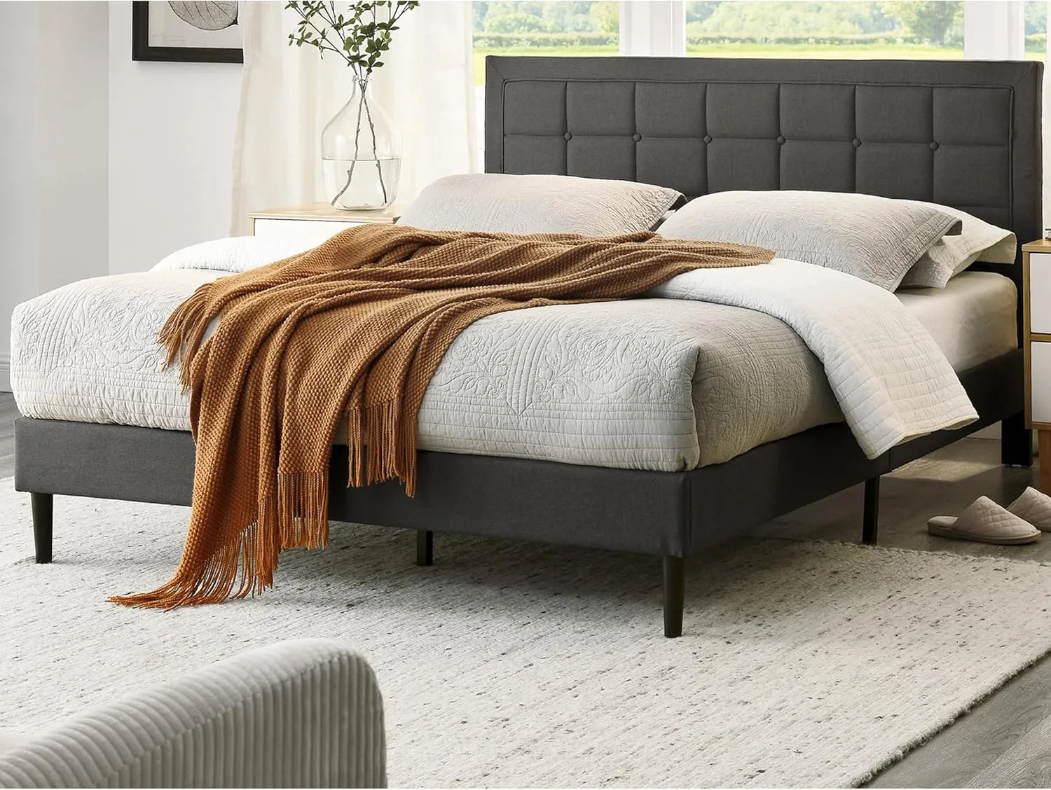 Mornington Upholstered 2.0 Platform Full Size Bed Frame and Headboard, Queen, Dark Grey