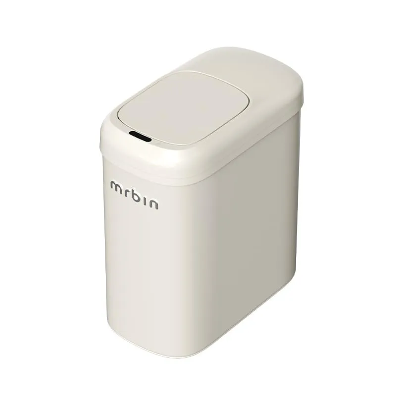 Motion Sensor Adsorption Bathroom Metal Trash Can with Lid and Wheels, 10L/2.6gal Automatic Removable Slim Electric Narrow Waste Basket for Near Desk Office, Bedroom, Kitchen, Rv, White