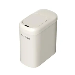 Motion Sensor Adsorption Bathroom Metal Trash Can with Lid and Wheels, 10L/2.6gal Automatic Removable Slim Electric Narrow Waste Basket for Near Desk Office, Bedroom, Kitchen, Rv, White
