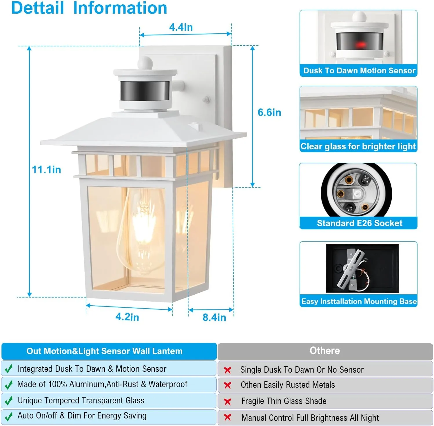 Motion Sensor Outdoor Lights Wall Mount, White Dusk to Dawn Exterior Light Fixture, Rustproof Waterproof Aluminum, Porch Exterior Light, for House, Garage, Front Porch, Patio