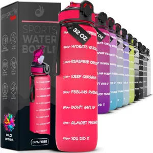 Motivational Water Bottle with Time Marker, 32 oz Water Bottle, Sports Water Bottle with Spout, Achieve All-Day Hydration SpillProof, BPA FREE