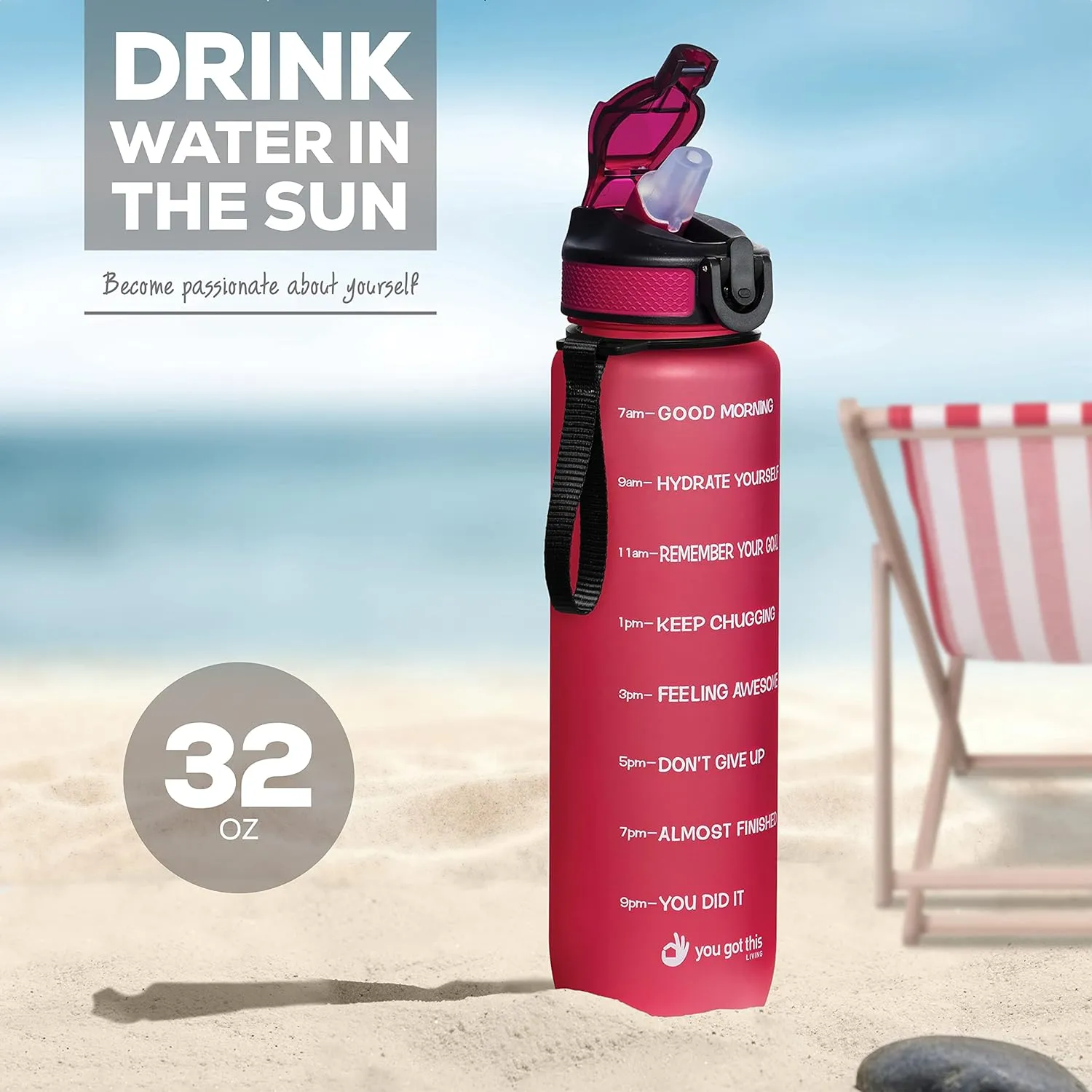 Motivational Water Bottle with Time Marker, 32 oz Water Bottle, Sports Water Bottle with Spout, Achieve All-Day Hydration SpillProof, BPA FREE