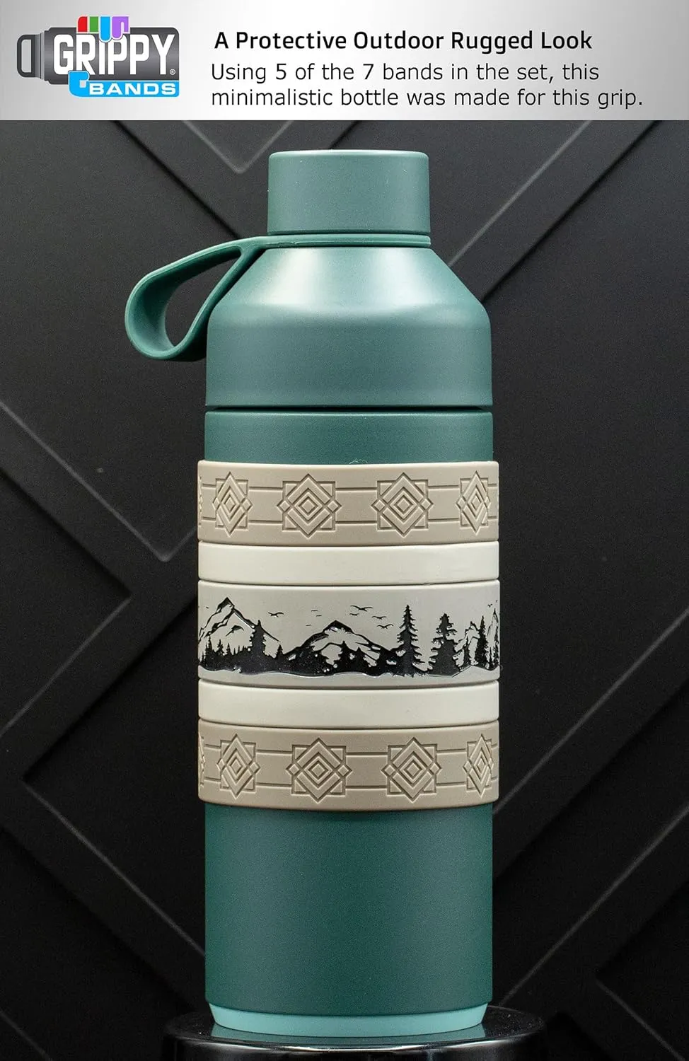 Mountain Scene Water Bottle Grip Kit - SIERRA WRAP: Large - 7 Rugged Silicone Bands for Superior Grip, Style, & Protection.