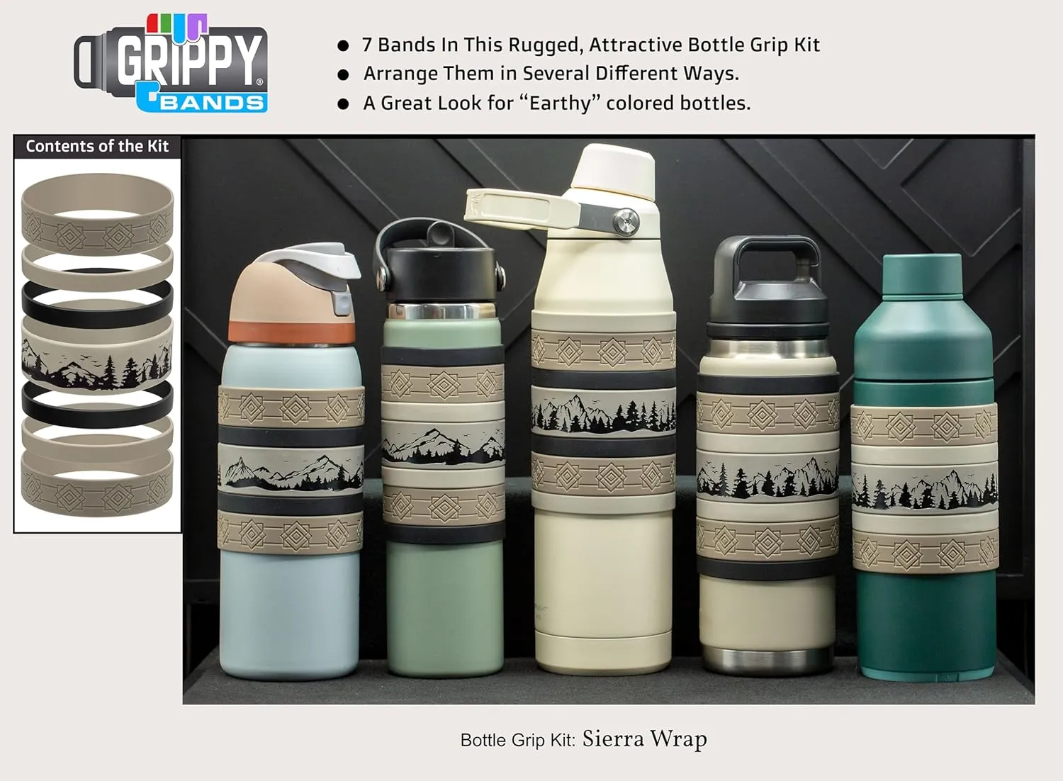 Mountain Scene Water Bottle Grip Kit - SIERRA WRAP: Large - 7 Rugged Silicone Bands for Superior Grip, Style, & Protection.