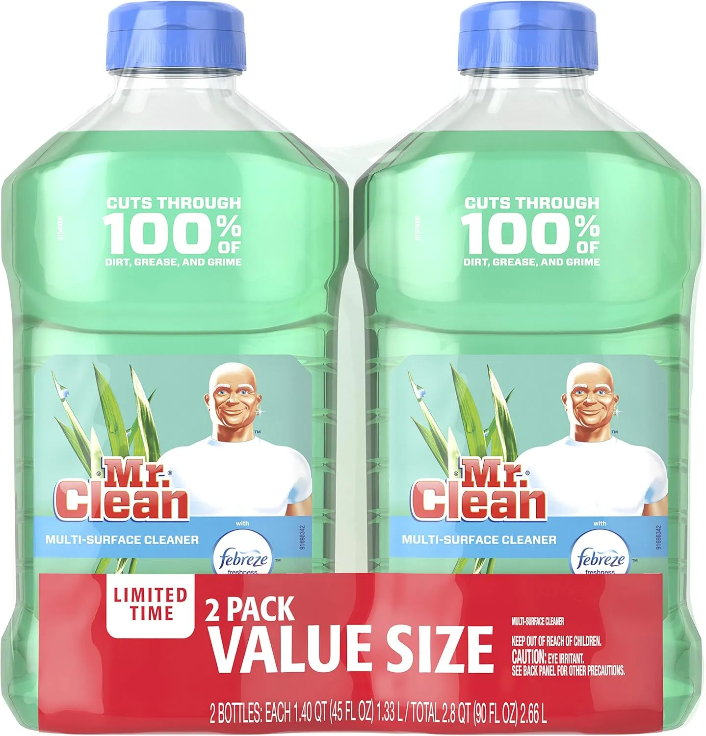 Mr. Clean Liquid All Purpose Multi-Surface Cleaner | Meadows and Rain with Febreze Freshness - 45 Ounce Each Bottle (Pack of 2) (Total 90 fl oz)