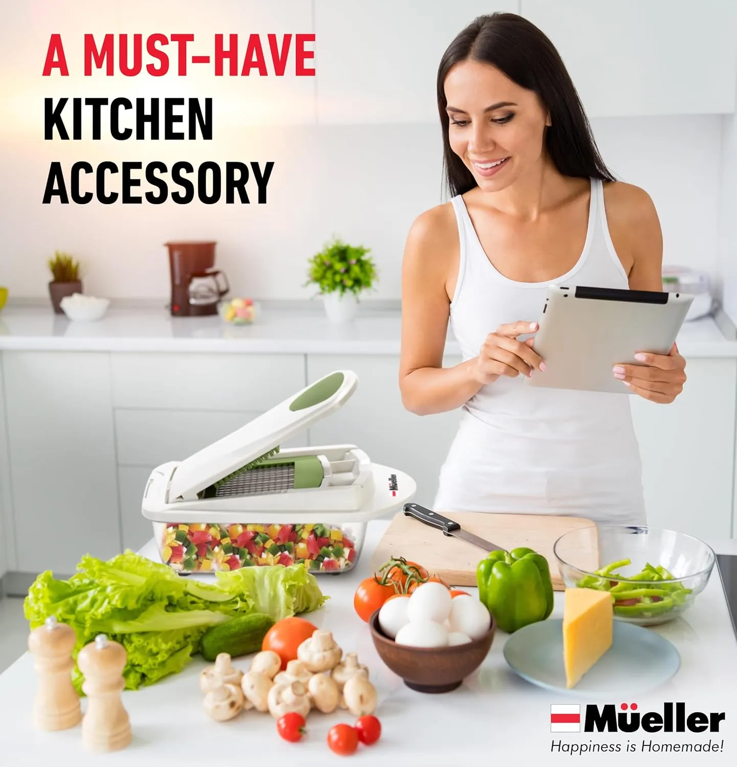 Mueller Pro-Series 10-in-1, 8 Blade Vegetable Chopper, Onion Mincer, Cutter, Dicer, Egg Slicer with Container, French Fry Cutter Potato Slicer, Home Essentials, Salad Chopper White Sand/Green