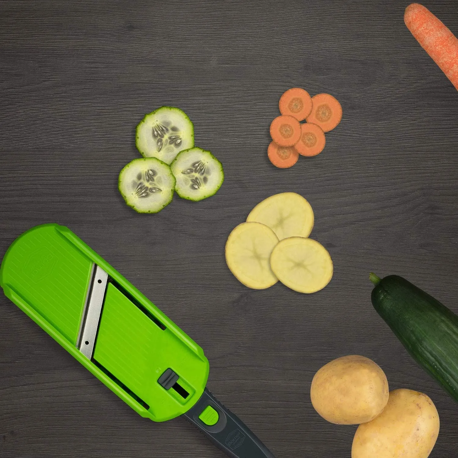 Multi Slicer Set (Slicer   Safety Guard) • Vegetable Slicer for Fruits & Vegetables • 2 Thickness Settings • Compact Mini Kitchen Slicer • Color: Green with Gray Handle