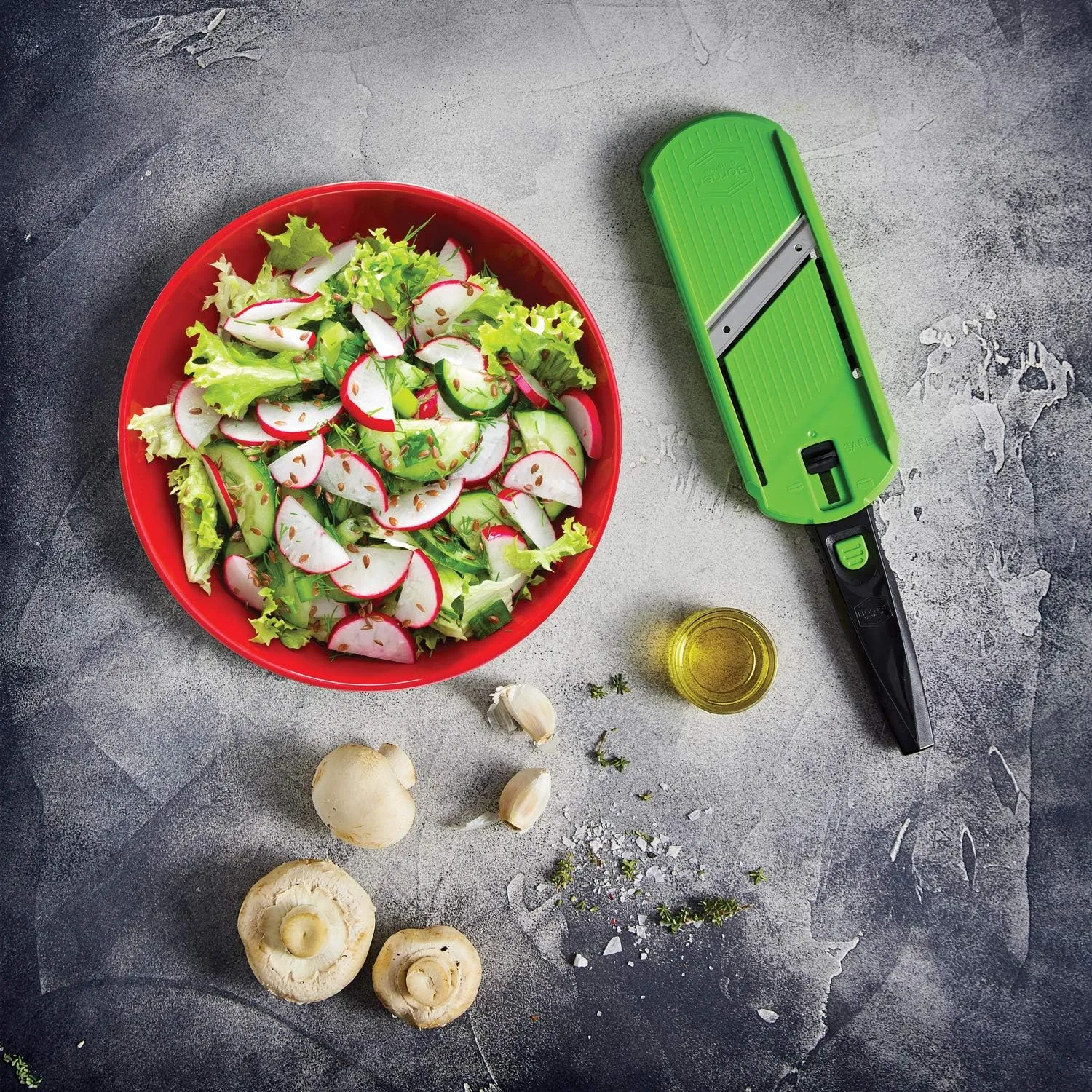 Multi Slicer Set (Slicer   Safety Guard) • Vegetable Slicer for Fruits & Vegetables • 2 Thickness Settings • Compact Mini Kitchen Slicer • Color: Green with Gray Handle