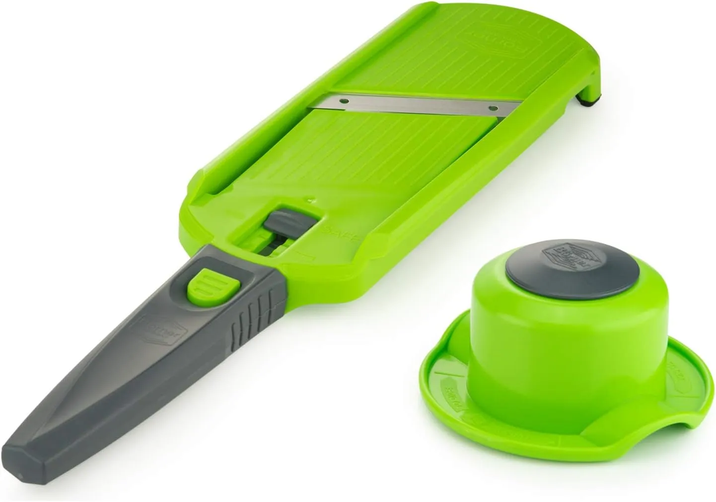 Multi Slicer Set (Slicer   Safety Guard) • Vegetable Slicer for Fruits & Vegetables • 2 Thickness Settings • Compact Mini Kitchen Slicer • Color: Green with Gray Handle