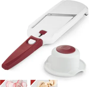 Multi Slicer Set (Slicer   Safety Guard) • Vegetable Slicer for Fruits & Vegetables • 2 Thickness Settings • Compact Mini Kitchen Slicer • Color: White with Red Handle