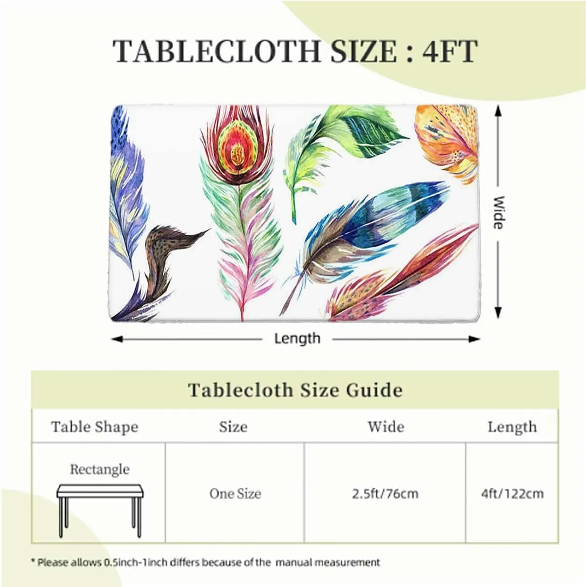 Multicolor Elastic Edge Fitted Tablecloth, Watercolor Feathers Birds Animals Rectangular Fitted Picnic Folding Table Cover Outdoor tablecloths Colorful Fits up 4 Foot Tables