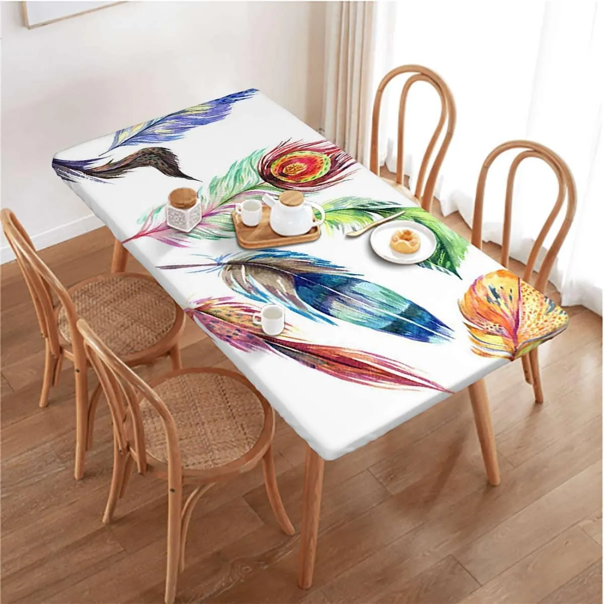 Multicolor Elastic Edge Fitted Tablecloth, Watercolor Feathers Birds Animals Rectangular Fitted Picnic Folding Table Cover Outdoor tablecloths Colorful Fits up 4 Foot Tables
