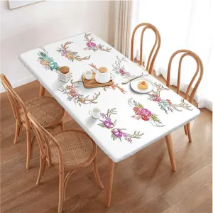 Multicolor Elastic Fitted Tablecloth Deer Horns Flowers Bloom Springtime Garden Tablecloth Fitted Table Cloth Rectangle Table Antlers Fits up 5 Foot Tables