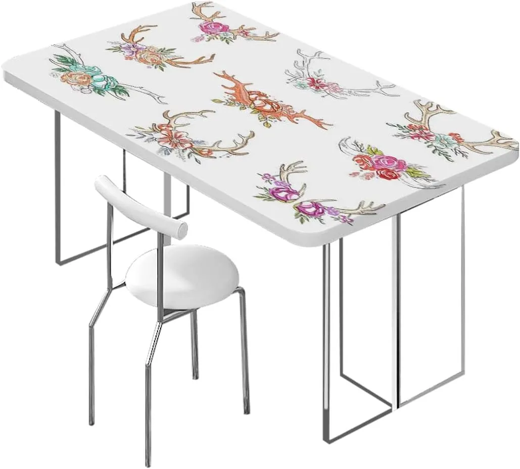 Multicolor Elastic Fitted Tablecloth Deer Horns Flowers Bloom Springtime Garden Tablecloth Fitted Table Cloth Rectangle Table Antlers Fits up 5 Foot Tables
