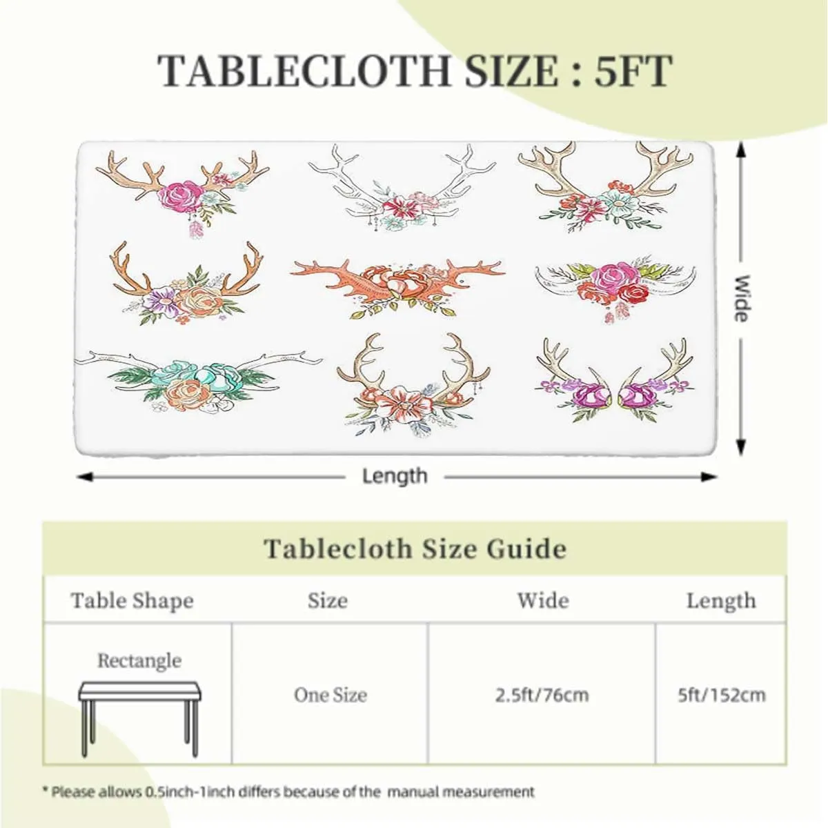 Multicolor Elastic Fitted Tablecloth Deer Horns Flowers Bloom Springtime Garden Tablecloth Fitted Table Cloth Rectangle Table Antlers Fits up 5 Foot Tables