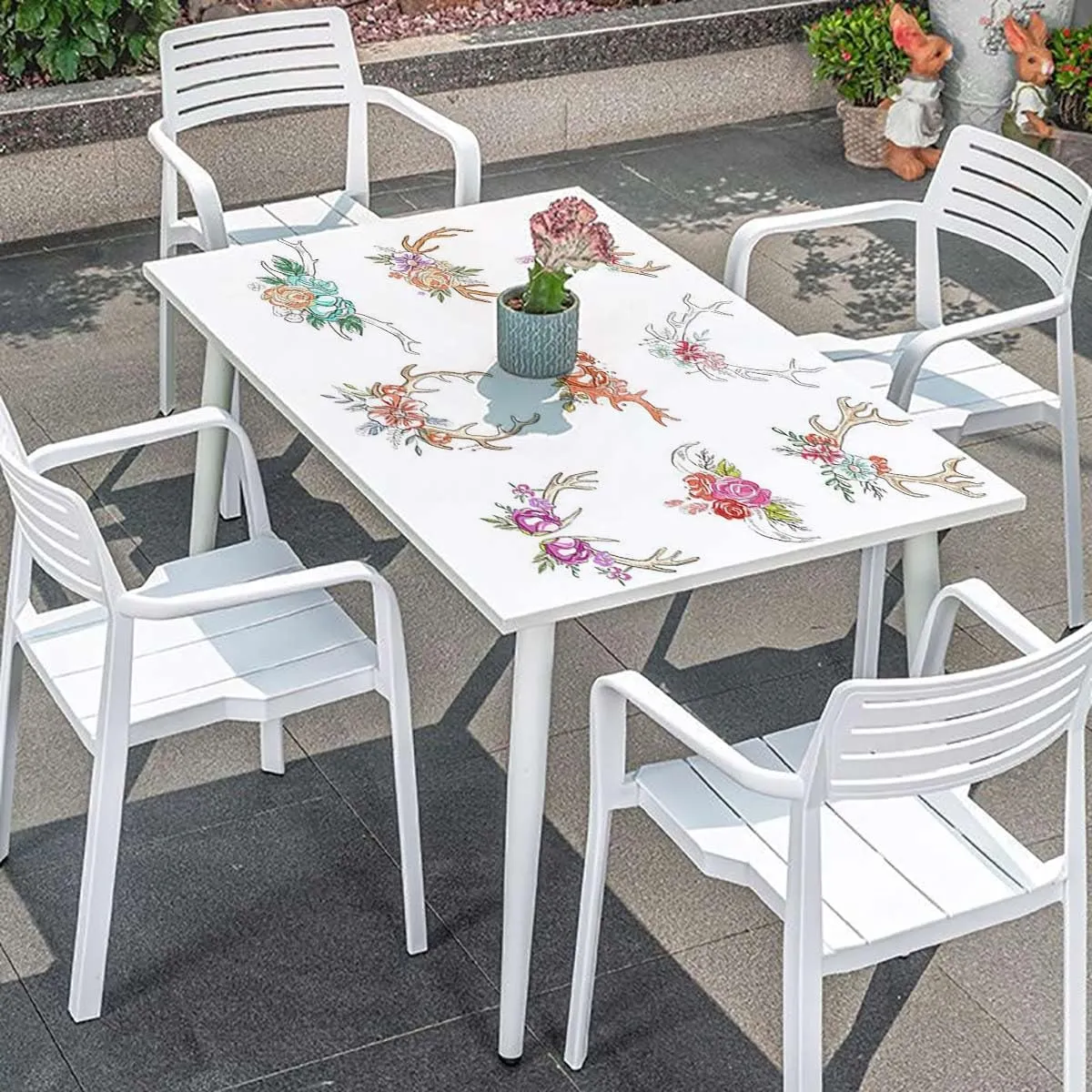 Multicolor Elastic Fitted Tablecloth Deer Horns Flowers Bloom Springtime Garden Tablecloth Fitted Table Cloth Rectangle Table Antlers Fits up 5 Foot Tables