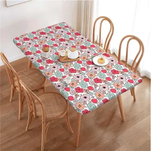 Multicolor Elastic Fitted Tablecloths, Hand Drawn Colorful Flower Image Rectangle Table Cloth Reusable Table Cover for Picnic Dining Decoration Floral Fits up 5 Foot Tables