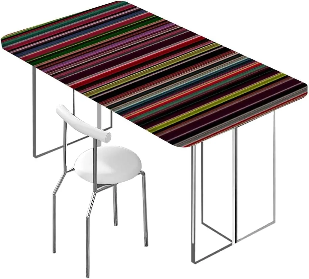 Multicolor Tablecloth Elastic Edge Fitted Vertical Pattern Modern Colored Stripes Soft-Touch Fitted Table Cloth, Waterproof Oil-Proof Table Cover Abstract Fits up 5 Foot Tables
