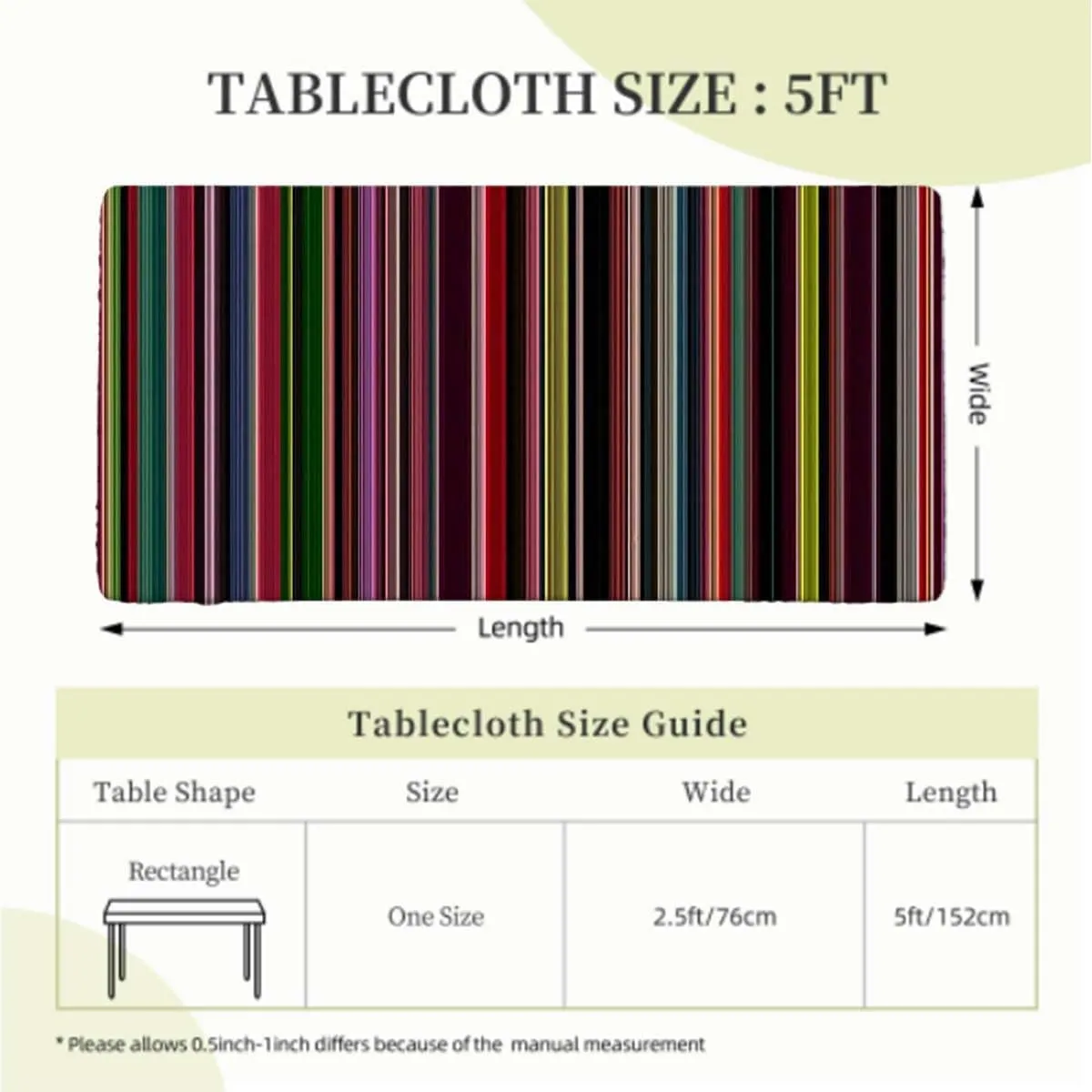 Multicolor Tablecloth Elastic Edge Fitted Vertical Pattern Modern Colored Stripes Soft-Touch Fitted Table Cloth, Waterproof Oil-Proof Table Cover Abstract Fits up 5 Foot Tables