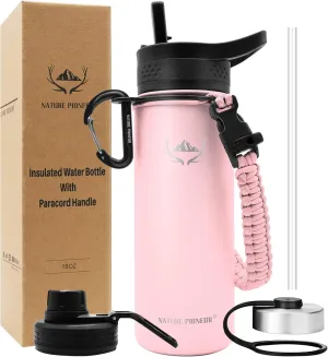NATURE PIONEOR Insulated Water Bottles with Paracord Handle - 18 oz Vacuum Sports Wide Mouth Water Bottle with 3 Lids, Leak Proof Stainless Steel Keeps Hot and Cold