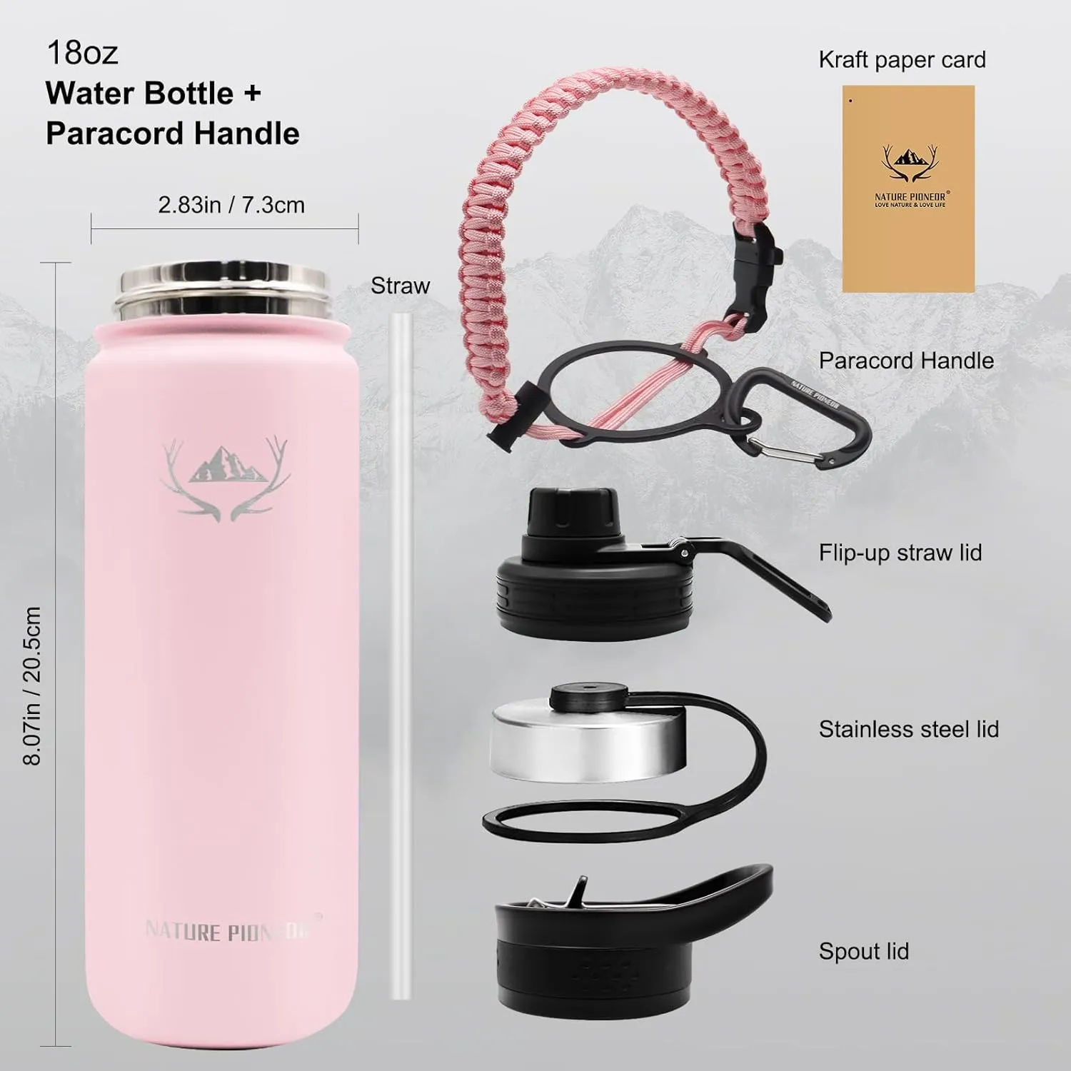 NATURE PIONEOR Insulated Water Bottles with Paracord Handle - 18 oz Vacuum Sports Wide Mouth Water Bottle with 3 Lids, Leak Proof Stainless Steel Keeps Hot and Cold