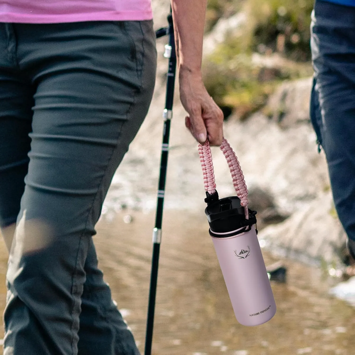 NATURE PIONEOR Insulated Water Bottles with Paracord Handle - 18 oz Vacuum Sports Wide Mouth Water Bottle with 3 Lids, Leak Proof Stainless Steel Keeps Hot and Cold