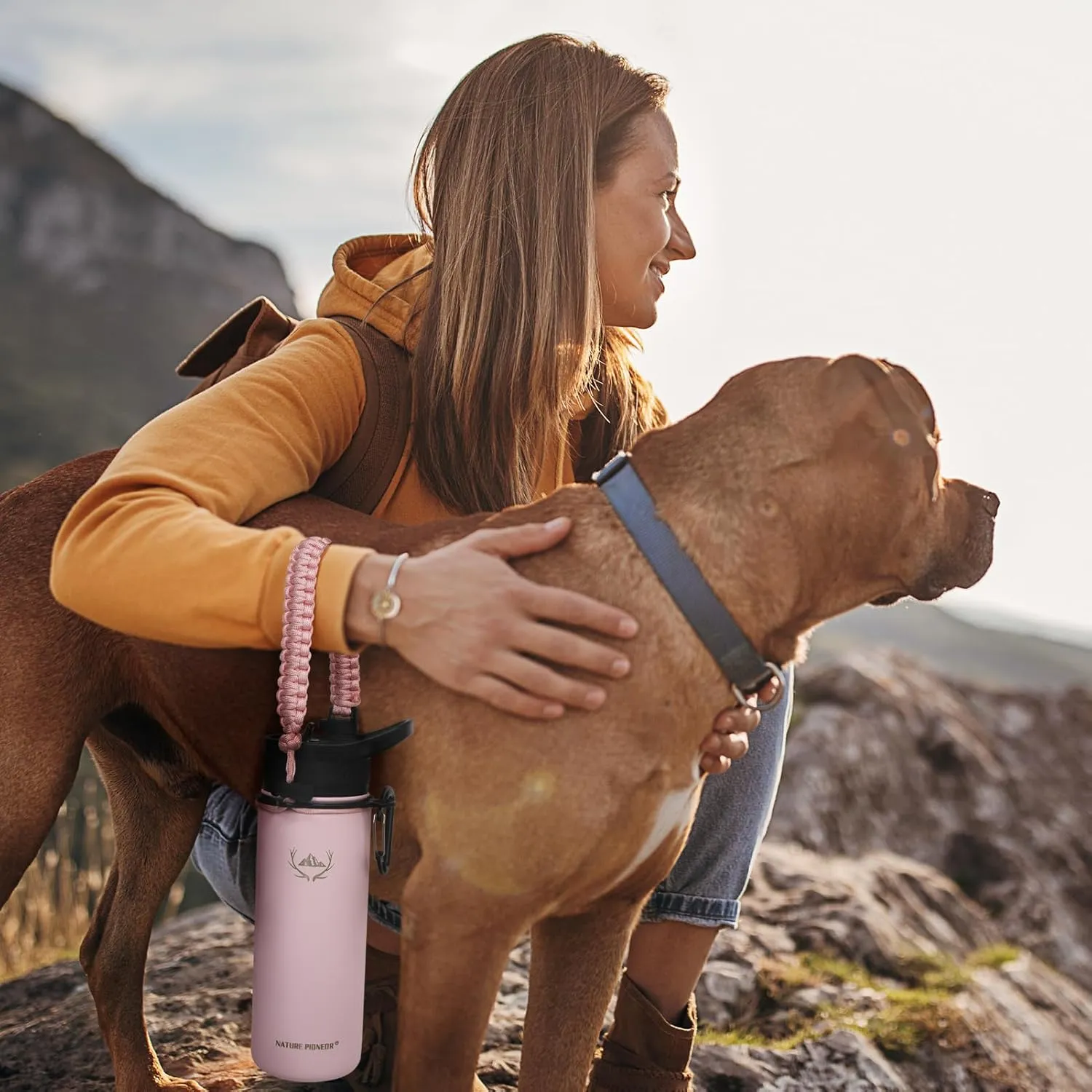 NATURE PIONEOR Insulated Water Bottles with Paracord Handle - 18 oz Vacuum Sports Wide Mouth Water Bottle with 3 Lids, Leak Proof Stainless Steel Keeps Hot and Cold