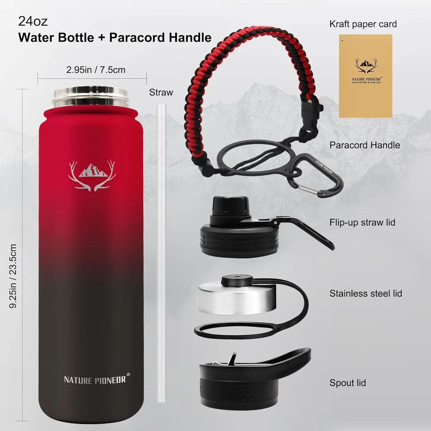 NATURE PIONEOR Insulated Water Bottles with Paracord Handle - 24 oz Vacuum Sports Wide Mouth Water Bottle with 3 Lids, Leak Proof Stainless Steel Keeps Hot and Cold