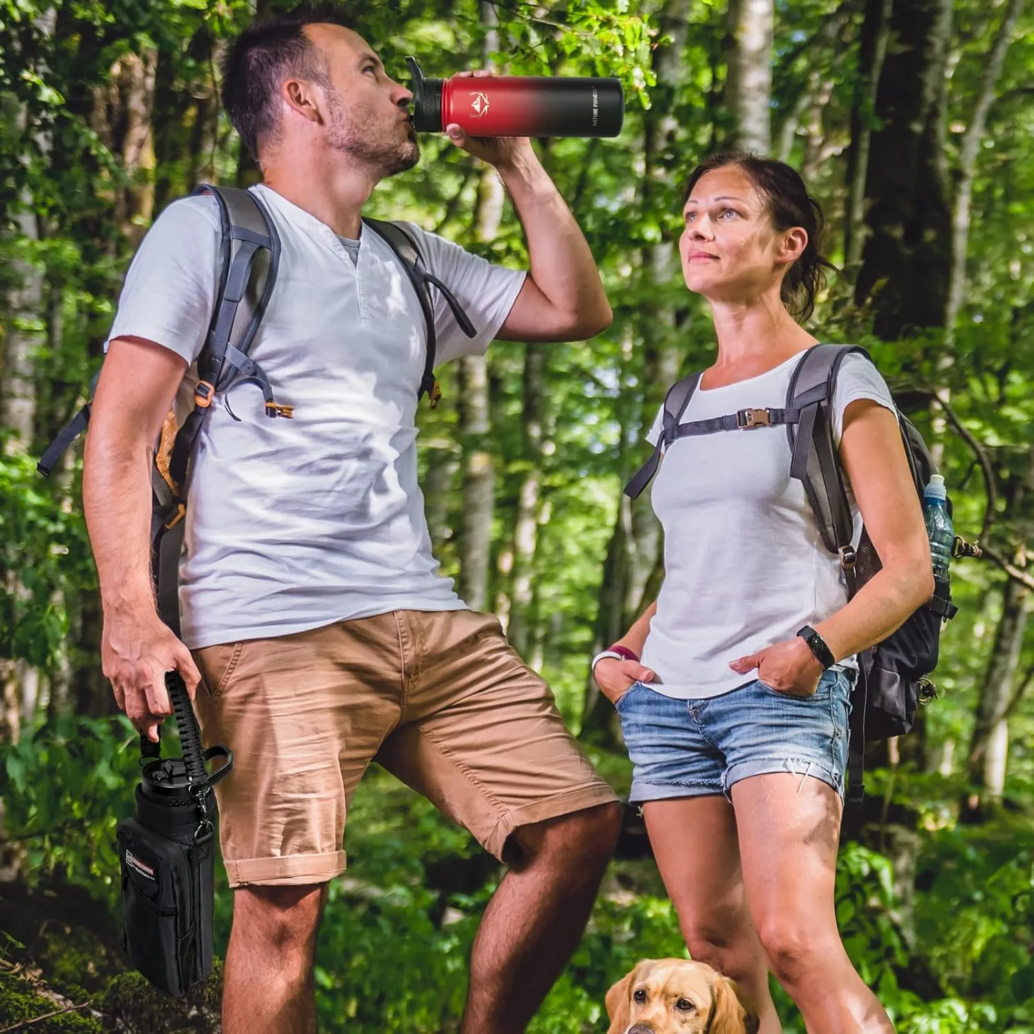 NATURE PIONEOR Insulated Water Bottles with Paracord Handle - 24 oz Vacuum Sports Wide Mouth Water Bottle with 3 Lids, Leak Proof Stainless Steel Keeps Hot and Cold