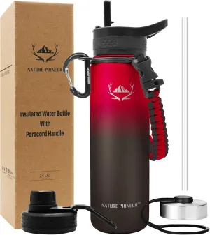 NATURE PIONEOR Insulated Water Bottles with Paracord Handle - 24 oz Vacuum Sports Wide Mouth Water Bottle with 3 Lids, Leak Proof Stainless Steel Keeps Hot and Cold